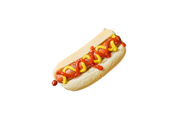 Delicious hot dog with ketchup and mustard toppings isolated on transparent background
