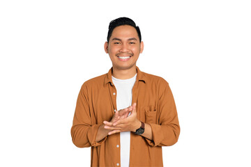 Smiling young Asian man in casual shirt clapping hands, congratulating someone isolated on transparent background