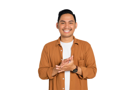 Smiling young Asian man in casual shirt clapping hands, congratulating someone isolated on transparent background