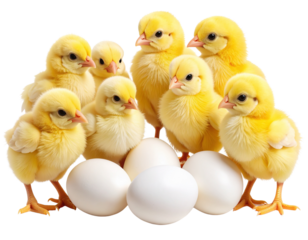  Group of Playful Yellow Chicks Surrounding White Easter Eggs isolated transparent background PNG