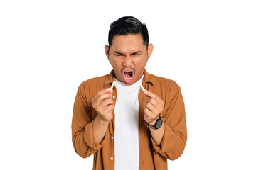 Quit smoking. Angry young Asian man in casual shirt breaking cigarette and saying no to smoking...