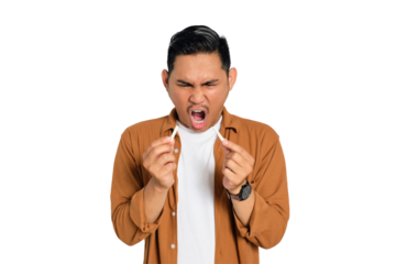 Quit smoking. Angry young Asian man in casual shirt breaking cigarette and saying no to smoking isolated on transparent background