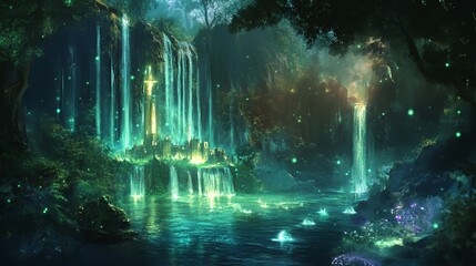 Enchanting Castle Hidden Within A Mystical Waterfall Forest