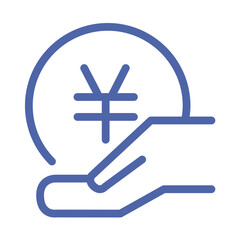 Illustration of a hand holding a coin with a yen symbol in blue outline style on a white background