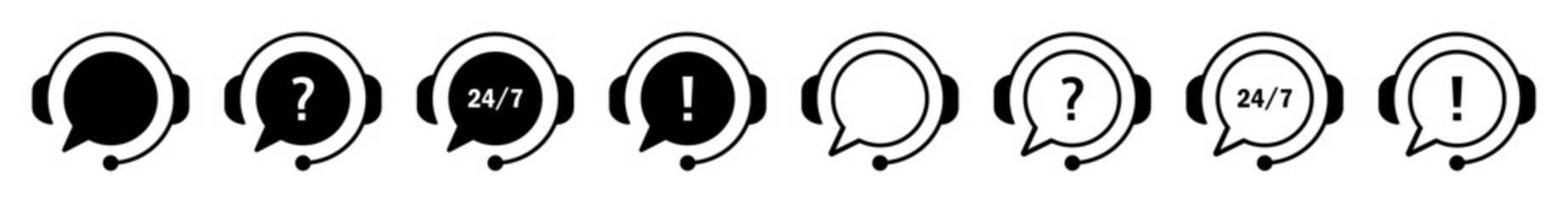 Vector icon set of customer support headsets with chat bubbles, question marks, alerts, and 24/7 service. Perfect for call center, helpdesk, FAQ, support, and online service concepts.