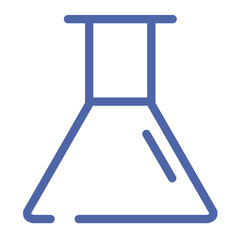Illustration of a simple blue outline of a chemistry flask with a flat bottom and narrow neck design