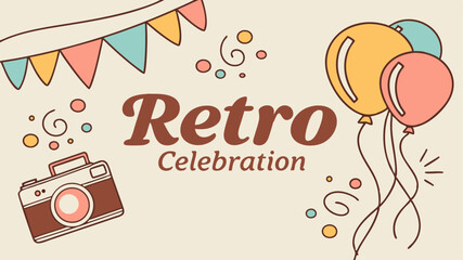 A vintage illustration of a retro celebration with colorful bunting balloons confetti and a classic camera evoking a nostalgic party atmosphere