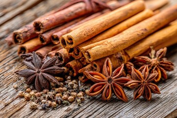 Cinnamon sticks and star anise on a rustic wooden surface