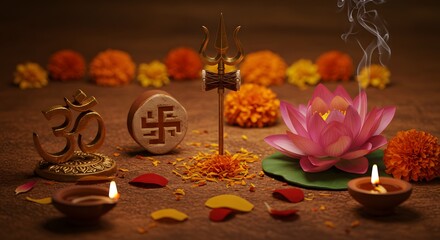 Hindu Prayer Ceremony with Sacred Symbols and Flowers