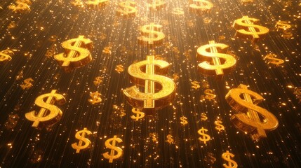 Golden dollar signs raining down on dark background