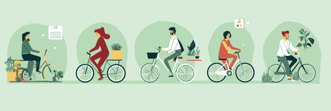 Diverse business people commuting on bicycles in sustainable city environment with plants and eco friendly lifestyle concepts flat vector illustration