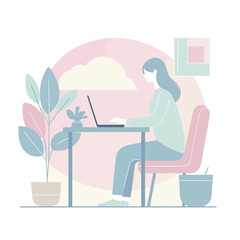 Remote Work Vector Illustration of Woman Working on Laptop at Home in Minimal Pastel Style – Freelance and Work From Home Concept