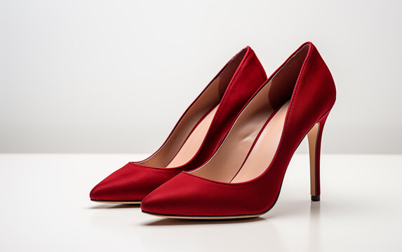 A pair of red satin high heels on a white surface in a studio setting