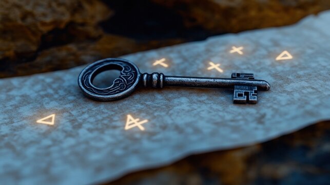 An ornate key lies on weathered parchment, surrounded by cryptic symbols. The setting is mysterious, illuminated softly, hinting at secrets waiting to be uncovered.