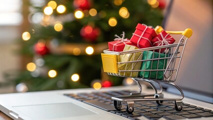Online christmas shopping cart filled with gifts on a laptop keyboard