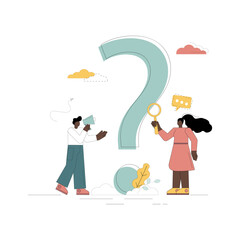Question. Finding a solution, a way out. Little people solve a question and look for an answer.eps