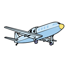 Light blue stylized illustration of a small jet airplane in flight.