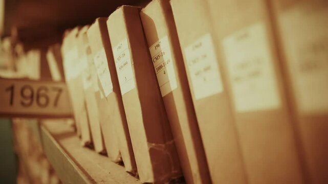 Vintage File Folders In Historical Paper Archive. Systematic Document Management