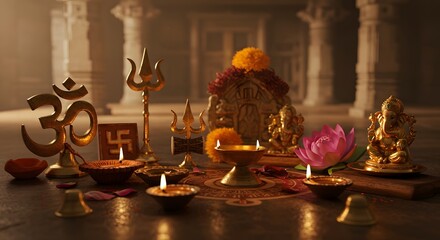 Sacred Hindu Altar with Ganesha and Lit Oil Lamps