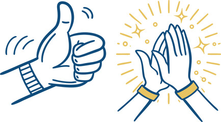 Fototapeta premium Two simple line art illustrations showing positive gestures of approval and celebration with a thumbs up and hands clapping with sparkling effects