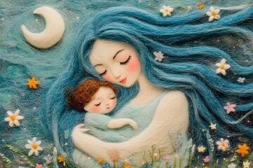 A simple feather painting depicts an angelic woman with long blue hair, holding her child in her arms. Surrounded by dreamy and fantastical elements, stars, moon, small grass and small flowers