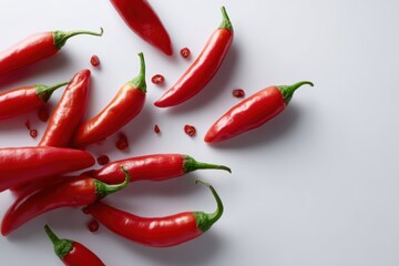 Red chili peppers scattered on blank white surface
