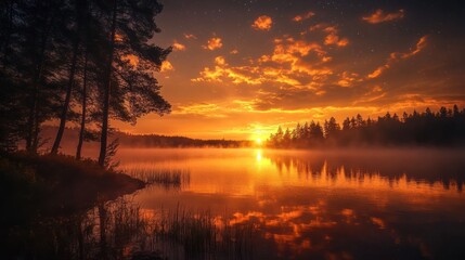 Obraz premium Serene lake at sunset with captivating orange and golden cloudscape reflections