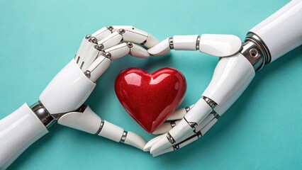 Robotic hands gently holding a sparkling red heart on a teal background