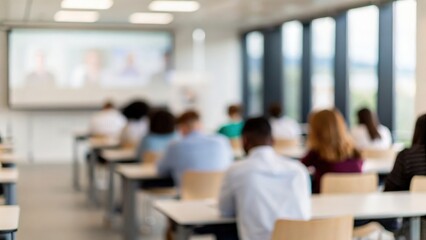 Fototapeta premium Blurred educational space with digital screen displaying remote attendees during live class session 