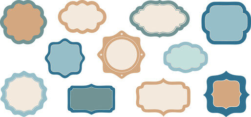 Collection of eleven decorative frames in various shapes colors on a border borders