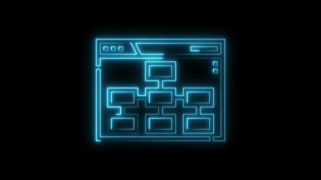 Neon website wireframe outlines flowchart concept on black background web design visualization