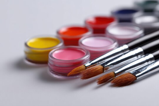 Watercolor paint set with brushes arranged neatly on white - Powered by Adobe