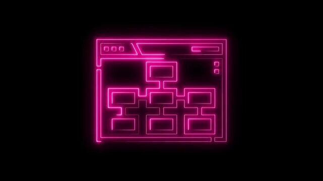 Neon flowchart animation of software or website architecture concept in magenta glowing lines