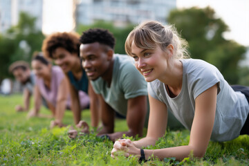 Friends doing group exercises on green grass, summer active lifestyle, 