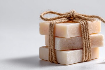 Organic soap bars tied with string on minimal white backdrop