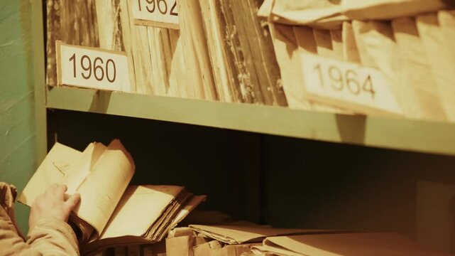 Archivist Searching Through Historical Documents In Archive. Information Specialist Looking For Records Dated Nineteen Sixty