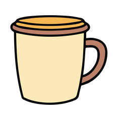 Cartoon illustration of a light beige coffee mug with a brown handle and orange lid. Simple design with a flat lay and isolated against a white background.