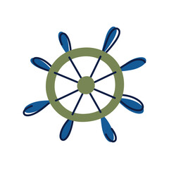 Flat cartoon vector illustration of ship wheel as nautical design element. Stylized marine rudder for ocean decorations, helm icon for underwater world concepts, childrens books, sea adventure visuals