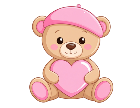 Kawaii Teddy Bear in Pink Beret Hugging a Heart, Pastel Color Clip Art PNG