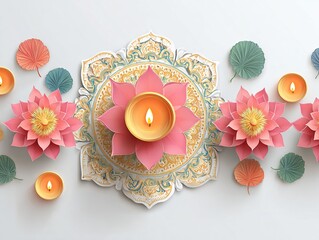 Diwali, festival of lights holiday banner with paper cut style of Indian Rangoli, diya - oil lamp and lotus flowers. White color background. Vector illustration. High quality