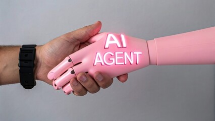 Human and ai agent shaking hands symbolizing partnership and collaboration