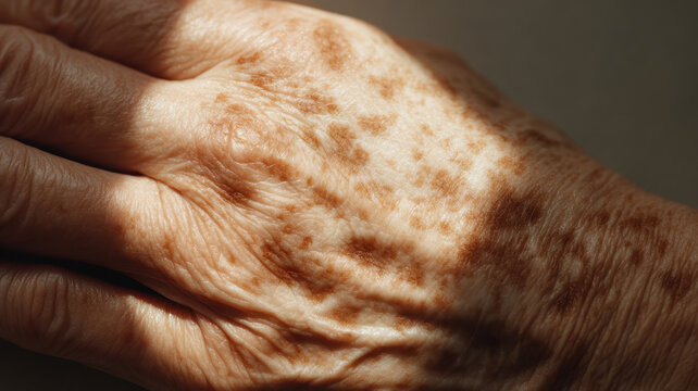 Close up of elderly hand with wrinkles and age spots showing natural signs of longevity and beauty of aging skin texture