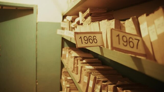 Old dusty archive shelves filled with historical documents and files