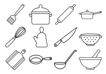 Collection of kitchen utensils and cookware line art isolated on white background
