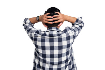 Back view of stressed young Asian man in casual shirt grabbing his head and expressing problem...