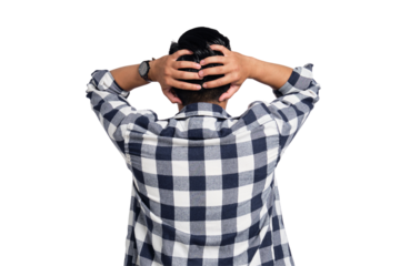 Back view of stressed young Asian man in casual shirt grabbing his head and expressing problem isolated on transparent background