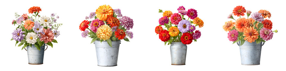 Watercolor Zinnia Flowers in Buckets Set Isolated on White