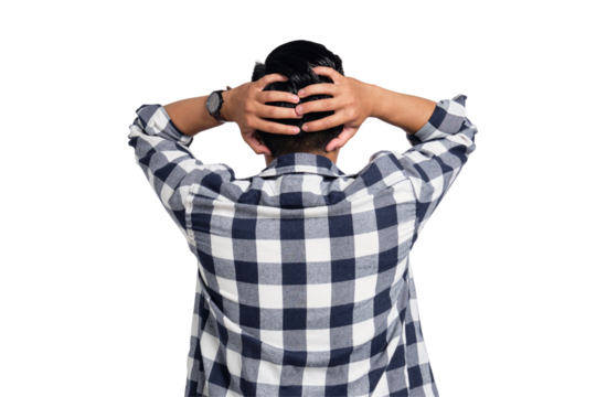 Back view of stressed young Asian man in casual shirt grabbing his head and expressing problem isolated on transparent background