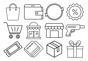 Collection of retail and shopping icons in a clean line art style isolated on white background