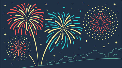 Vibrant red yellow and blue fireworks explode in a dark night sky with scattered stars and stylized clouds along the horizon